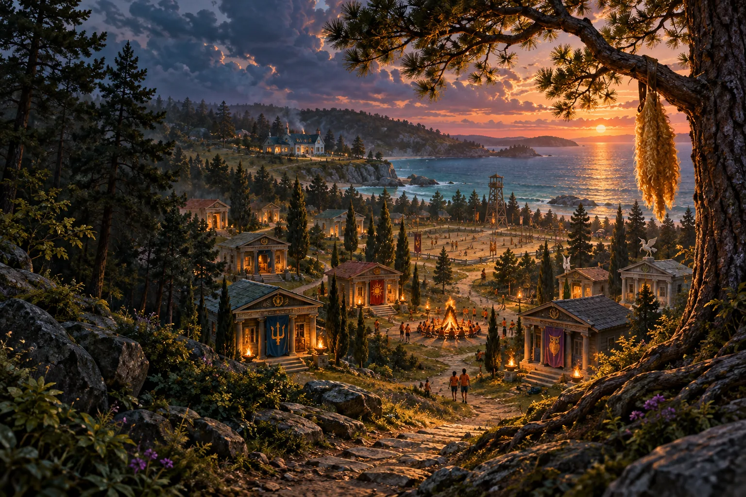 Ilustración del Campamento Mestizo al atardecer